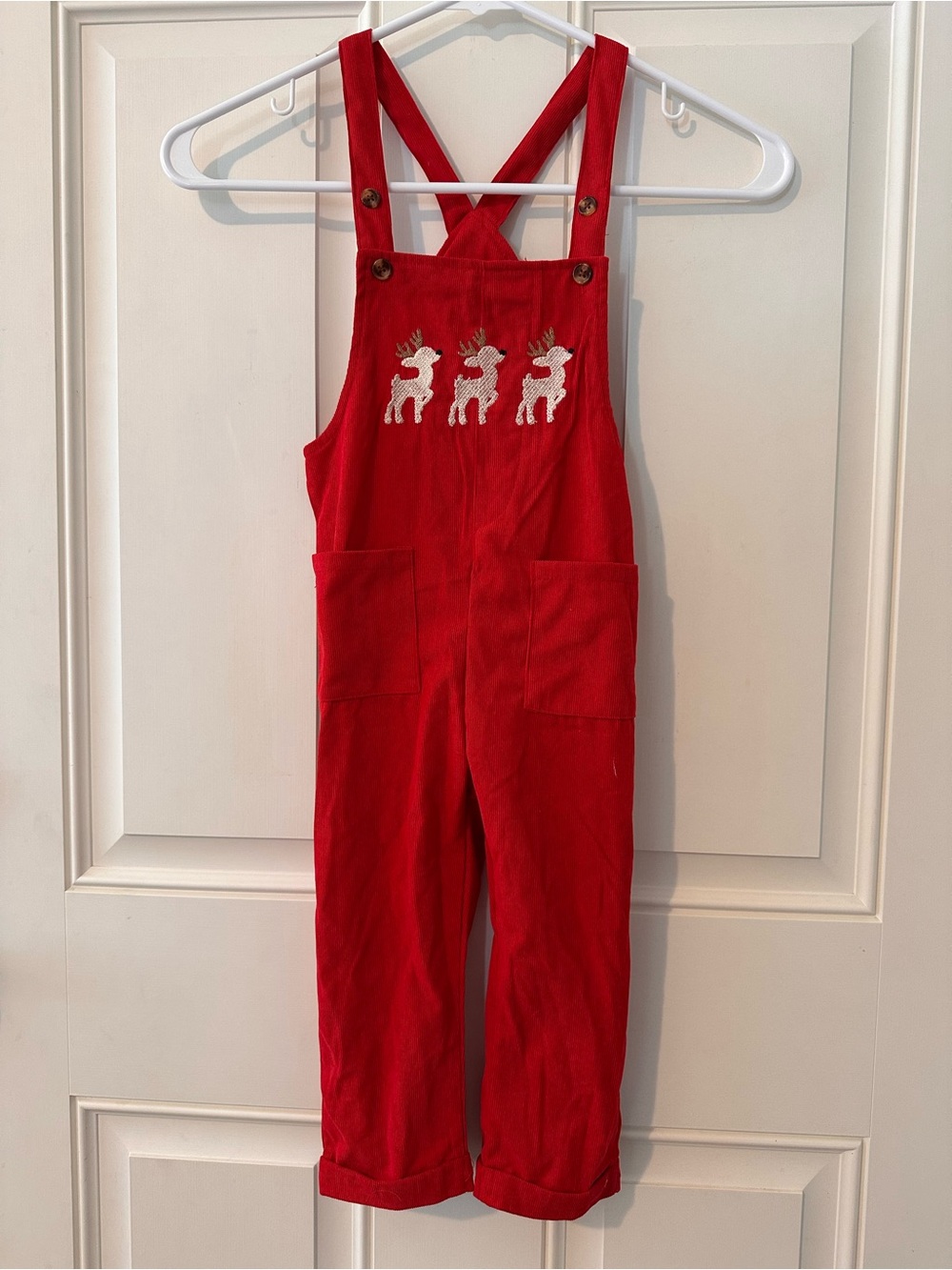 Vintage looking- Red Corduroy Overalls with White Reindeer Embroidery